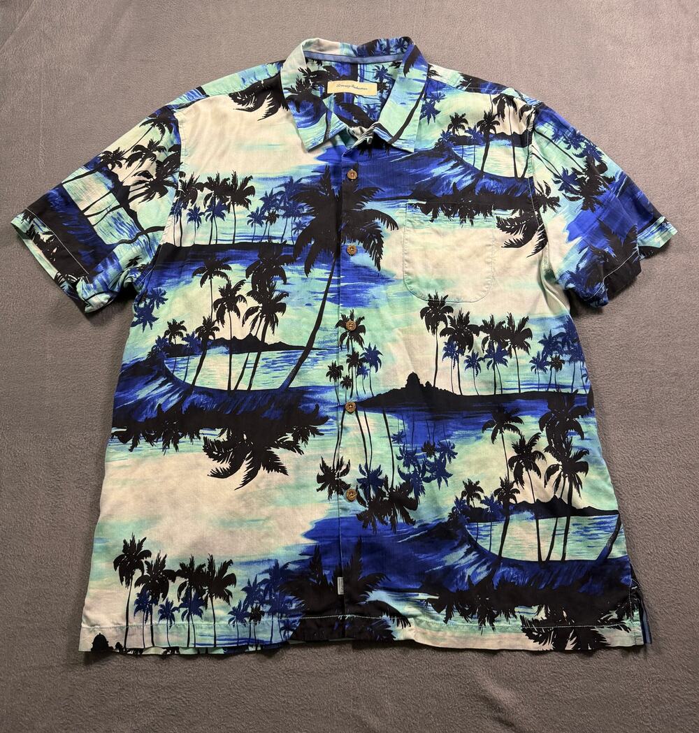 Tommy Bahama Sunset Island Silk Camp Shirt Blue Palm Tree Hawaiian‎ Men's 2XL